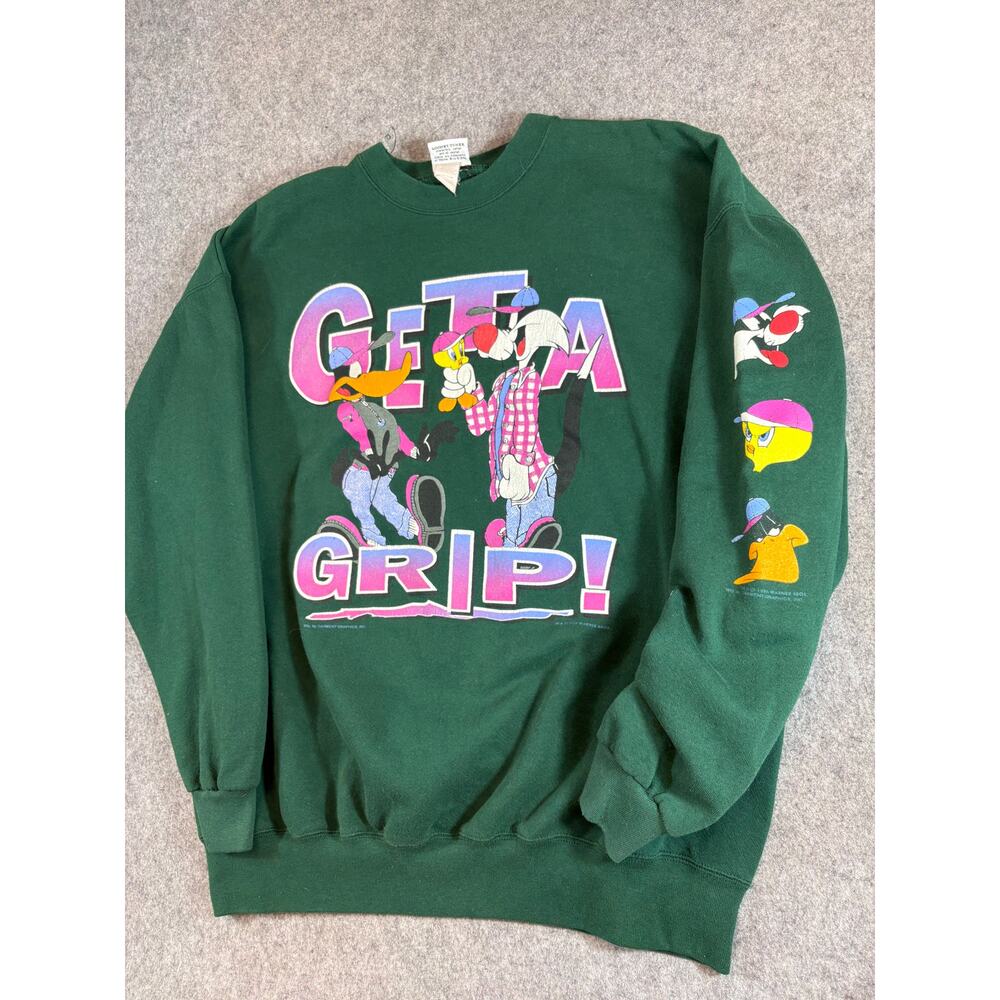 VINTAGE 90s Looney Tunes Sweatshirt Unisex Green Get A Grip Graphic Crewneck 2X